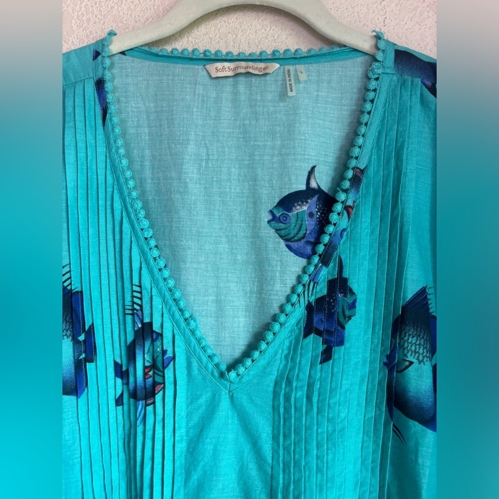 Soft Surroundings Seychelles Tropical Ocean Print Beaded Pleated Tunic Dress L - Picture 3 of 10